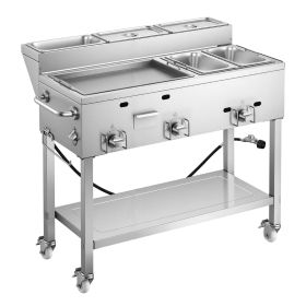 Outdoor Propane Griddle, 3 Burners (11,600 BTU Each), Commercial Stainless Steel Griddle with Two 1/3 Size Food Warming Pans